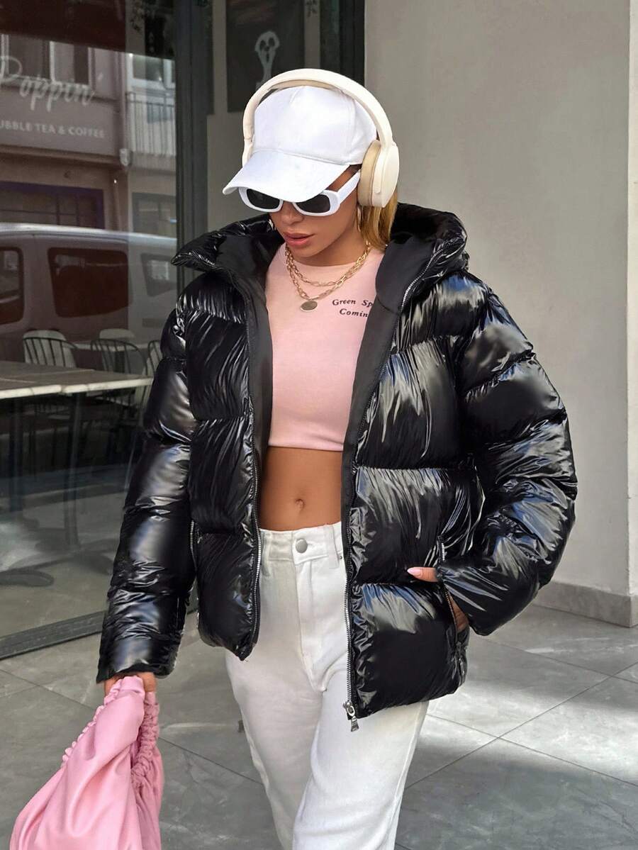 SHEIN PETITE Shinny Hooded Zipper Detailed Quilted Women's Puffer Down Coat - Black - View 1