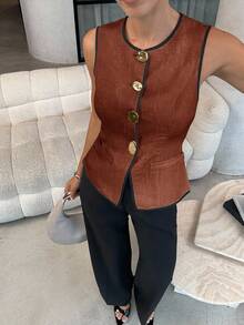Lavishia Women's Sleeveless Vest With Metal Button Closure, Suitable For Commuting - Coffee Brown - View 5