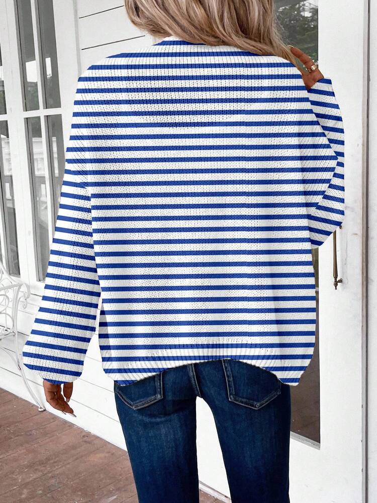 Women's Casual Color Block Drop Shoulder Striped Cardigan In Fall/Winter