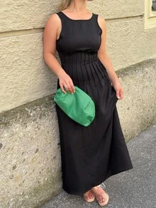 Jeta Ari Summer New Waist Drawstring Slim Fit A-Line Long Dress For Women - Black - View 3