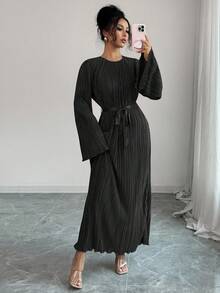 Selianne Robe midi élégante pour femme de taille standard avec manches évasées, design de ceinture plissée à la taille - Noir - Voir 4