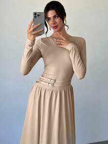 Firerie Women's Elegant Sophisticated Daily Commute New Fashion Round Neck Draped Belt Buckle Decor Long Sleeve A-Line Umbrella Dress, Khaki - Khaki - View 5