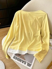 Resyla 女式二合一长袖T恤，清新简约 - 淡黃色 - 查看 3