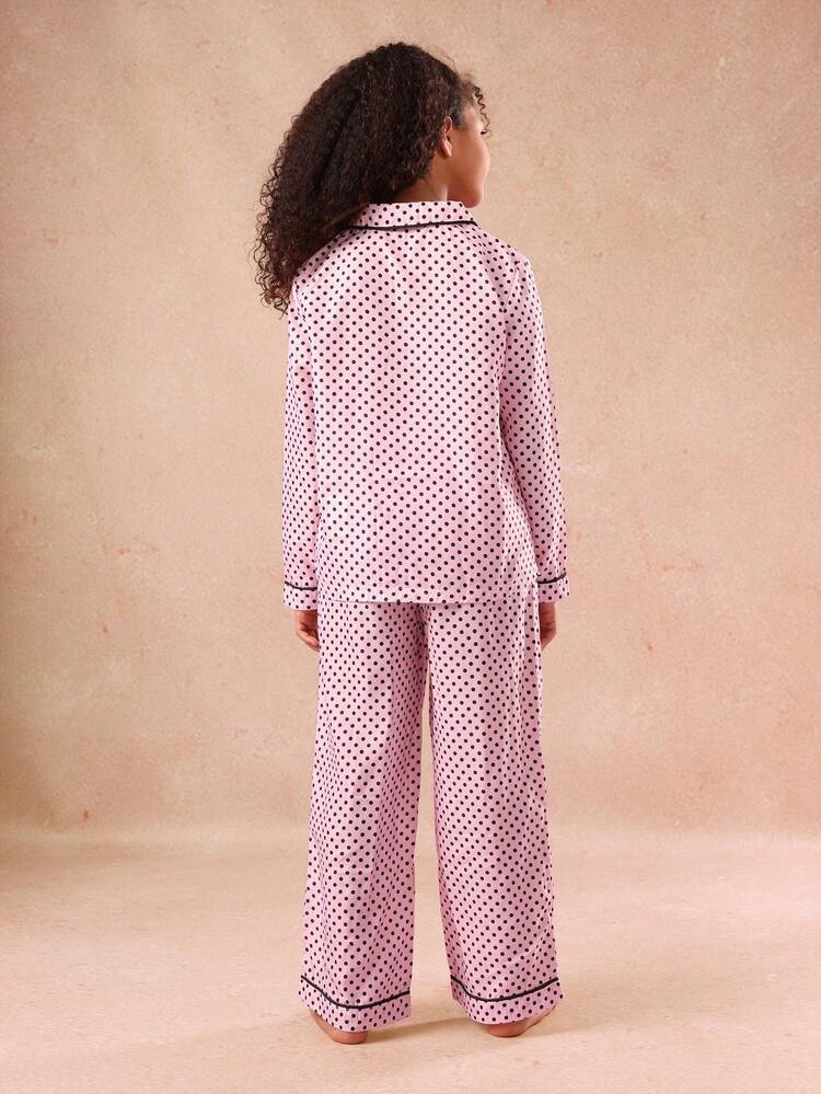 Polka Dot Button Down Pajama Set With Wide Leg Pants