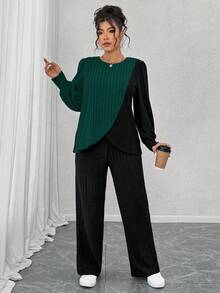 EMERY ROSE Plus Size Black Autumn Curve Smart Casual Loungewear 2 Pieces Set,Soft Knit Ribbed Crew Neck Long Sleeve Asymmetrical Patchwork Top&Straight Leg Pants - Multicolor - View 4