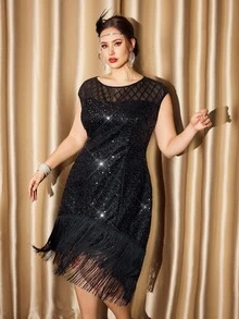 Vintamour Plus Size Vintage Elegant 1920s Party Dress With Sequin Embroidery, Form-Fitting Patchwork Tassel Boat Neck Bodycon Cocktail Dress Fringe Dress Plus Size Black Cocktail Dress Plus Plus Size Black Elegant Dress Plus Size Sequin Dress, Elegant Dresses For Party, Long Party Dresses, New Year Party Dresses For Women - Black - View 3