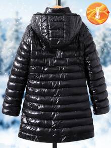 SHEIN 1 Áo khoác có mũ trùm đầu, dáng dài vừa phải, đệm lót cho bé gái tuổi teen, chất lượng cao, thời trang, phù hợp cho mùa thu/đông - màu đen - Xem 6