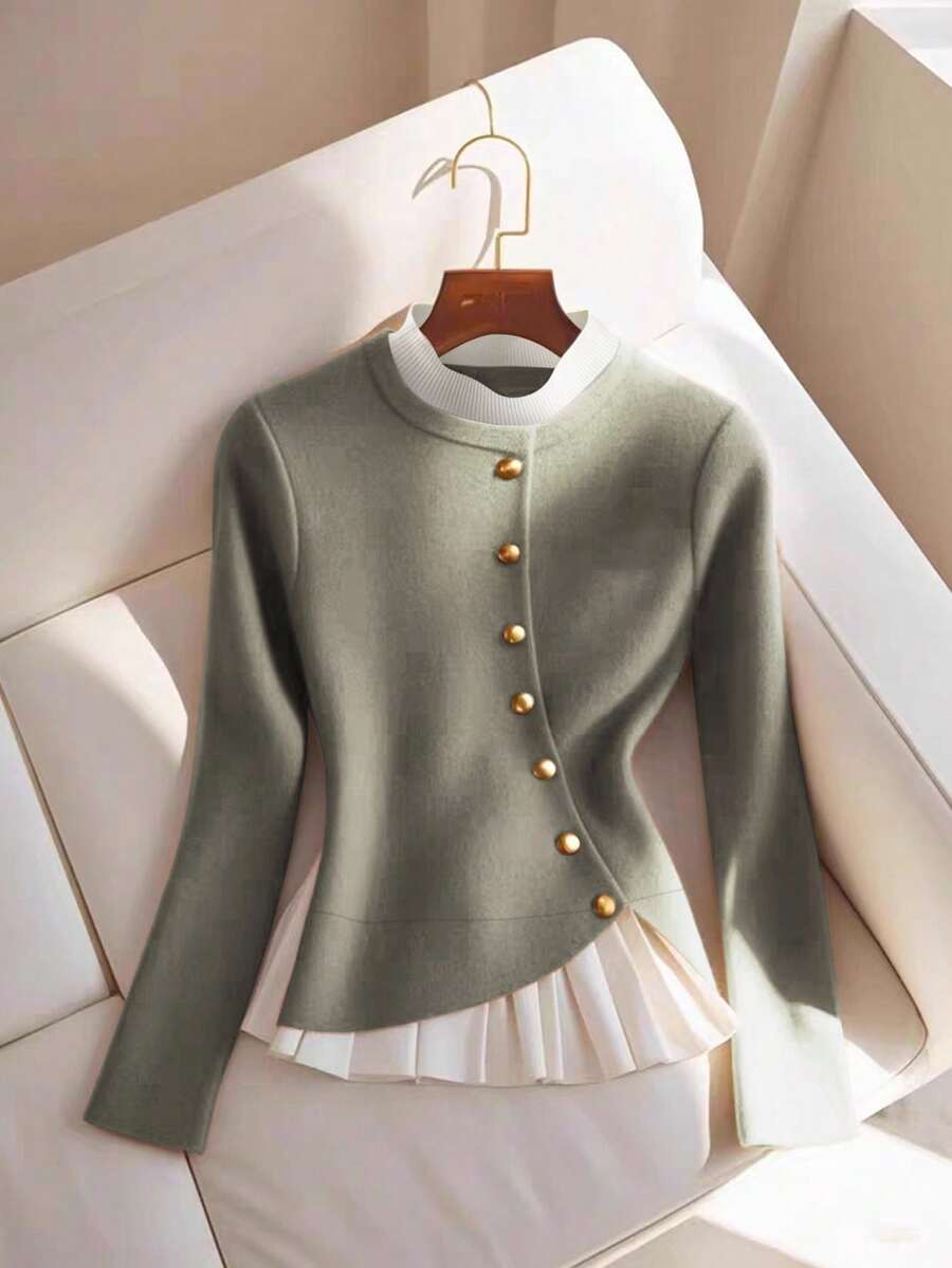 GlowEve Women's Elegant Casual Metal Button Collar 2-In-1 Fitted Sweater, Autumn/Winter - Green - View 1