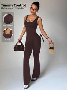 Dewbera 女式黑色无袖连体裤，前部有缝，高腰 U 领 U 背设计，适合春夏季休闲、健身、瑜伽、跑步 - 鏽棕色 - 查看 4