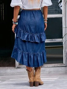 EMERY ROSE Chân váy denim thường ngày xếp nếp chắp vá nhiều lớp có dây rút cho nữ - Rửa tối - Xem 3