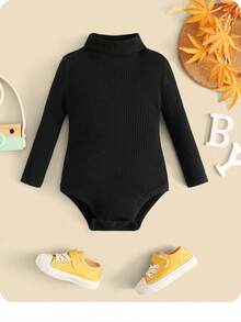 SHEIN Body de manga larga con cuello de tortuga de unicolor informal para bebé niña - Negro - Ver 2
