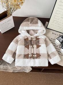SHEIN Kurtka z polaru dla malucha, modna, z kapturem i długim rękawem, w kratę i patchwork, zapinana na guziki, odpowiednia na co dzień jesienią i zimą, na zewnątrz i w podróży - Wielokolorowe - Zobacz 3