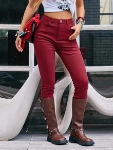 EMERY ROSE 纯色紧身纽扣门襟休闲百搭牛仔裤酒红色裤子女士红色裤子女式裤子高腰裤高腰裤 - 酒紅色 - 查看 4