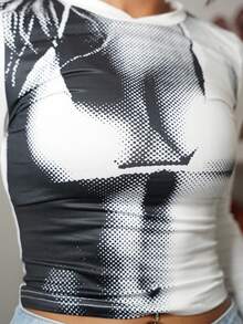 SAYEHFBABY 3D Body Print Crop Round Neck Long Sleeves Spring Tee - White - View 3