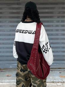 Rovax Women's Casual V-Neck Oversized Long Sleeve Sweatshirt With Numeric Print, Autumn