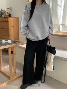 DAZY 女式宽松圆领运动衫，带罗纹装饰，长袖上衣，秋季服装 - 灰色 - 查看 2