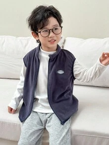 Genkimix Kids 3pcs/Set Young Boy Navy Polar Fleece Vest And White Long Sleeve T-Shirt And Grey Jogger, Kids Jogger Set Autumn And Winter Fall - Multicolor - View 2
