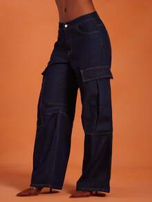 NYA SZN Navy Blue Summer Streetwear Everyday High Rise Cargo Denim Pant Barrel Jeans Pocket Detail Comfortable Classy Elegant Fall Cotton Dark Wash Raw - Dark Wash - View 3