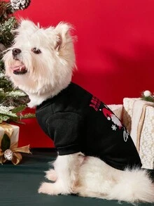 PETSIN 1 件宠物圣诞猫狗通用可爱圣诞小妖精圣诞快乐英文印花图案黑色抓绒保暖舒适狗狗圣诞服 - 黑色 - 查看 4