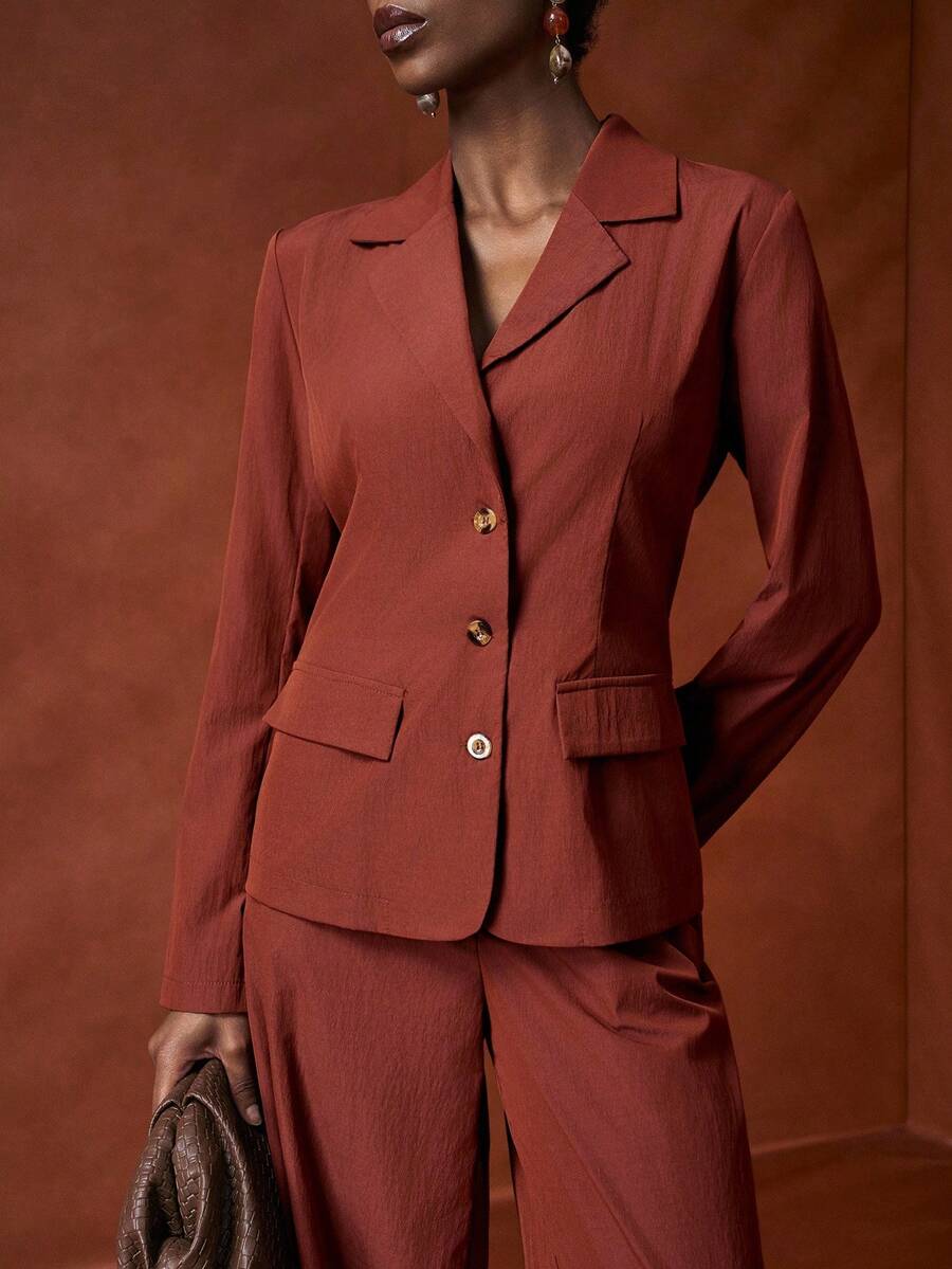 Zivah 2025 秋冬新品，音乐节，毕业季，学院风，学生装，日常休闲，度假，海滩，街头装，通勤优雅，长袖宽松西装外套和裤子两件套，红棕色亚麻质感褶皱面料 - 棕色 - 查看 1