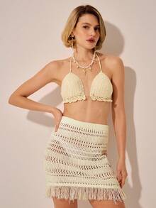 CAJUNI Vacation Pointelle Knit Fringe Hem Sweater Skirt - Cream - View 6
