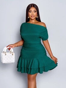 SOLERSUN Women's Elegant Party Daytime Apricot Knitted Asymmetrical Neck Neck Long Sleeves Gathered Double Ruffle Mini Dress