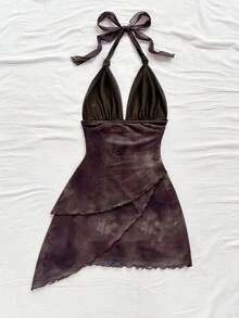 Soleia Váy ngắn ngày lễ lãng mạn cổ chữ V buộc dây phối lưới xếp nếp cổ điển ombre gợi cảm dành cho nữ - màu nâu - Xem 2