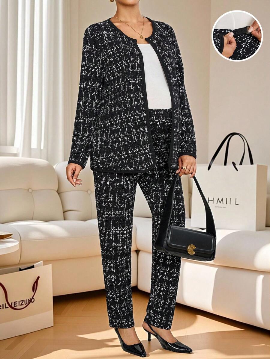 SHEIN 2pcs Maternity Plaid Long Sleeve Cardigan And Pants Casual Outfit, Autumn