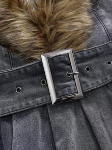 ROMWE EDITION 女式拼接毛茸茸深V领褶边性感露背牛仔连衣裙 - 灰色 - 查看 4