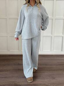 SHEIN 2件套少女纯色毛绒罗纹半拉链T恤和裤子套装 - 淺灰色 - 查看 7