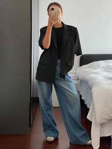 Livesso Women Casual Solid Color Short Sleeve Blazer, Fall Clothes Business Attire - Black - View 4