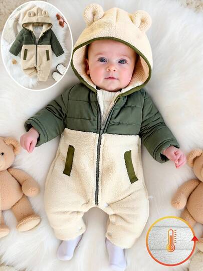 SHEIN Baby Boy Baby Girl Unisex Infant Toddler Newborn 0-3T Casual Minimalist Color Block Patchwork Fleece Jumpsuit Fall Winter Zipper Baby Jumpsuit Baby Coat Jumpsuit Baby Fall Romper Baby Winter Jumpsuit Warm Baby Boy Romper