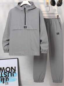 SHEIN 2pcs Teenager Boys' Solid Color Hoodie Jacket & Pants Set,Streetwear,Summer,Graduation,Back-To-School,Casual Tracksuit,Versatile Jogging Sweatsuit - Grey - View 4