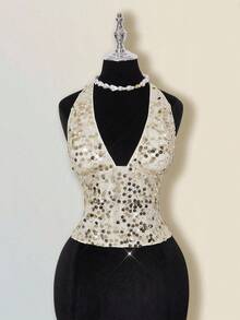 SHEIN ICON Sexy Backless Criss-Cross Tie Sequin Deep V-Neck Camisole For Women