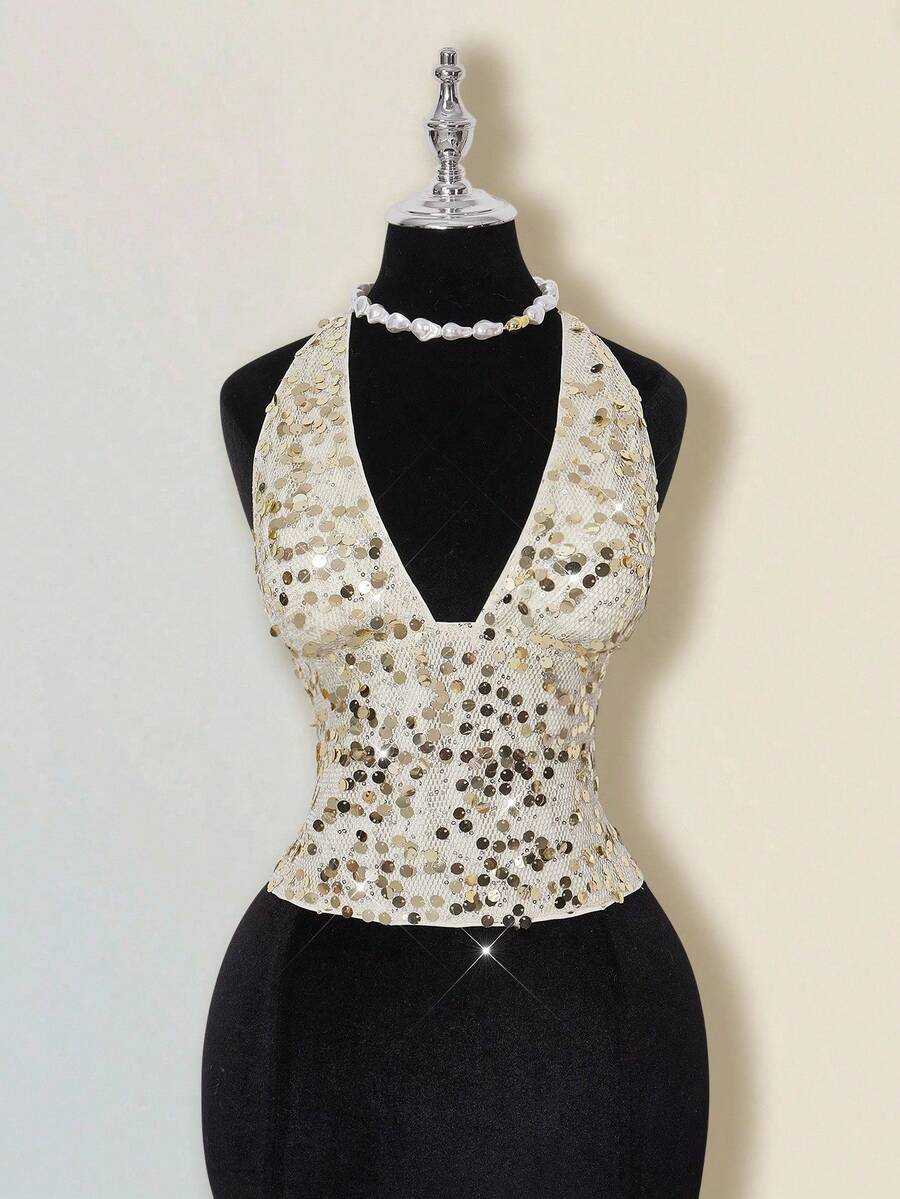 SHEIN ICON Sexy Backless Criss-Cross Tie Sequin Deep V-Neck Camisole For Women