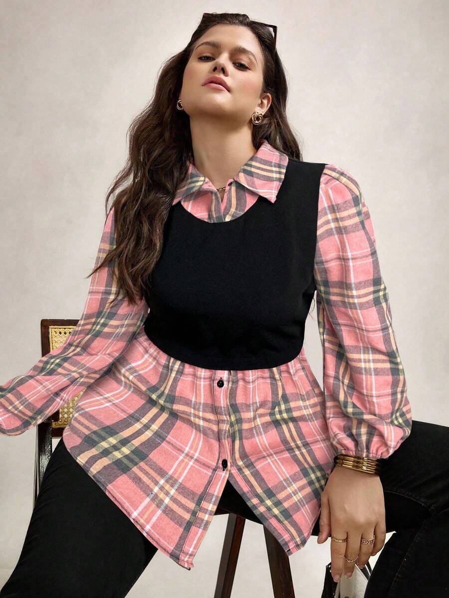 Zelara LUNE 加大码立领格子长灯笼袖针织撞色拼接休闲宽松衬衫办公室女装两件套纽扣装饰 - 粉色 - 查看 1