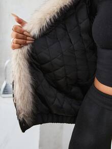 SHEIN EZwear 大码女式仿皮草连帽宽松冬季夹克 - 黑色 - 查看 7