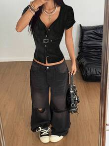 StreetHx Blusa de manga corta con botones delanteros, decoración metálica y rayas para mujer, de estilo casual para primavera