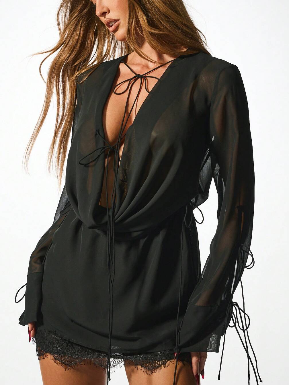 mini dress club sleeves lace Women's Round Neck Mesh Backless Bodycon Trumpet Sleeve Mini Dress