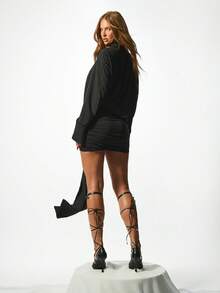 KIZN Draped Satin Long Sleeve Mini Dress With Wrap Detail And Cowl Neckline Evening Cocktail Party Holiday Wedding Guest Winter Fall