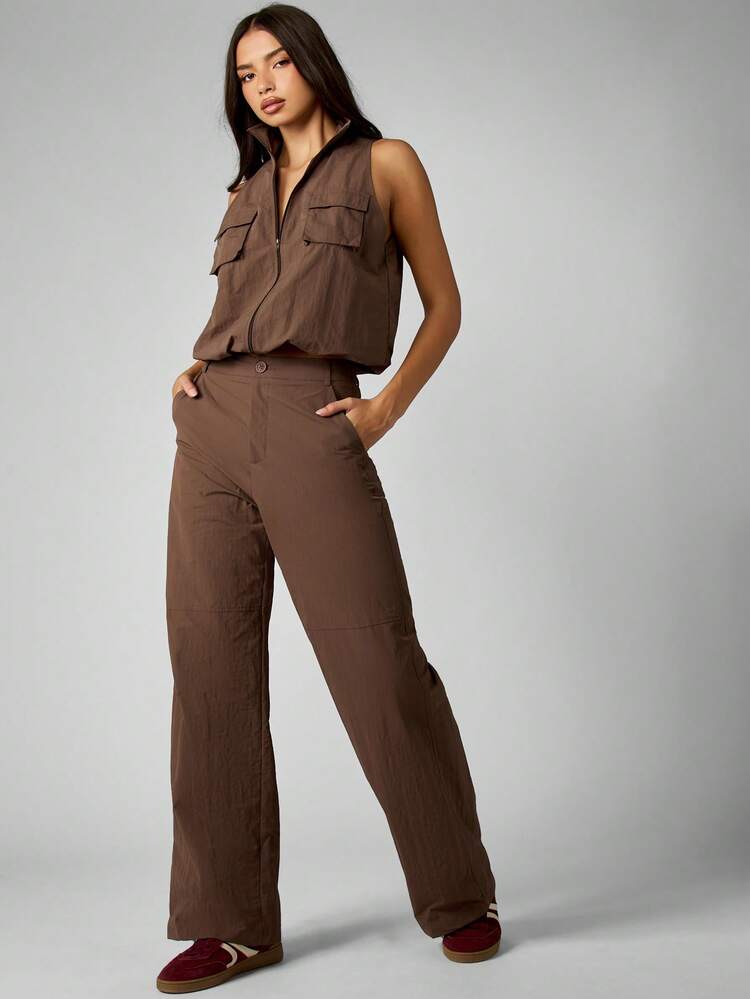 MISSGUIDED Pantalones casuales de tiro alto y pierna ancha con cierre de botón y bolsillos laterales para comodidad diaria