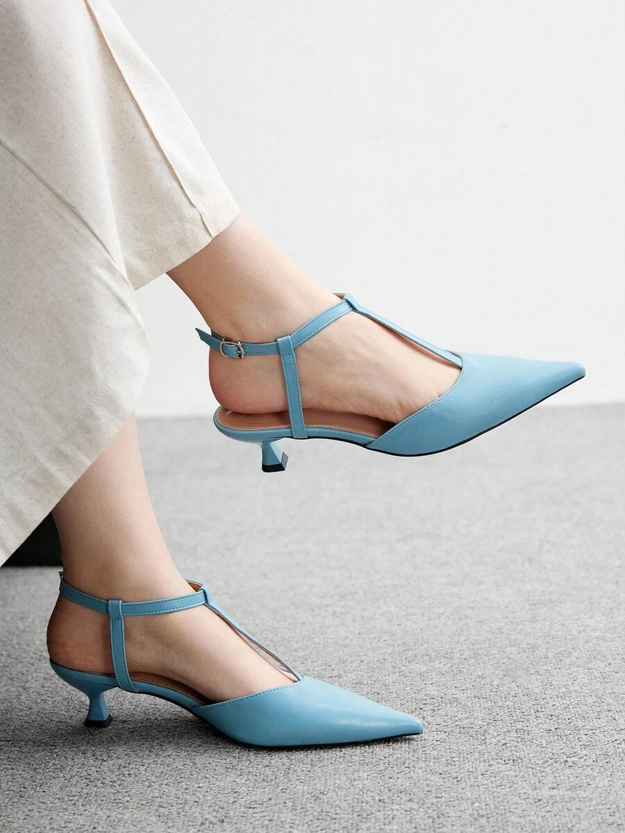 CUCCOO BIZCHIC Giày cao gót hở gót quai chữ T mũi nhọn cho nữ - Màu xanh lam - Xem 1