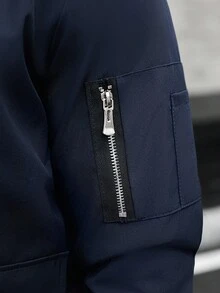 Manfinity Homme 男士长袖休闲日常拉链多口袋立领夹克，轻薄款，秋季款 - 藍色 - 查看 4