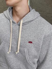 SWAVVY 男士纯色刺绣抽绳休闲短款连帽运动衫，秋冬 - 灰色 - 查看 4