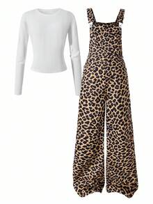 SHEIN 2 件套休闲百搭豹纹背带裤和长款白色 T 恤套装，适合青少年女孩，胸前有口袋，裤子上有两个口袋，适合秋冬季外出、旅行、购物、散步 - 棕色 - 查看 2