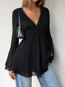 EgrlEra Women's Punk Style Black Mesh Deep V-Neck Riveted Waist Flare Sleeve Ruffle Hem Party Dress, Suitable For Parties And Dates