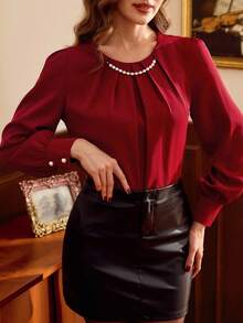 Vintamour Vintage Elegant Women Pearl Chain Pleated Long Sleeve Blouse Work Vacation Party Cocktail For Women For Women For Women For Women Christmas Women Christmas Women's Elegant Blouses For Women Burgundy New Year Valentine Spring - Red - View 5