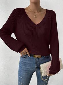 EMERY ROSE Women's Solid Color V-Neck Raglan Sleeve Casual Loose Knit Sweater, Autumn - Chocolate Brown - View 3