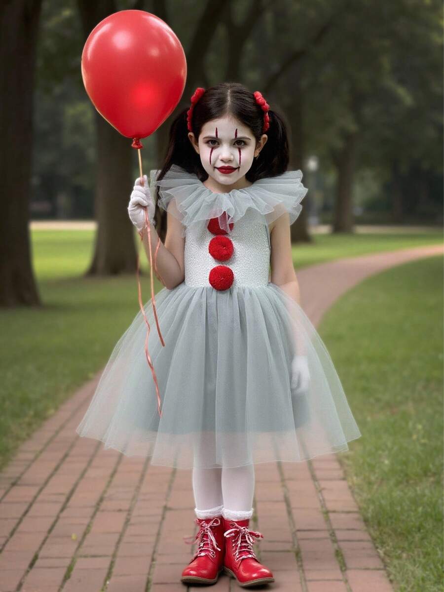 女孩万圣节网眼针织小丑无袖连衣裙 - 白色 - 查看 1