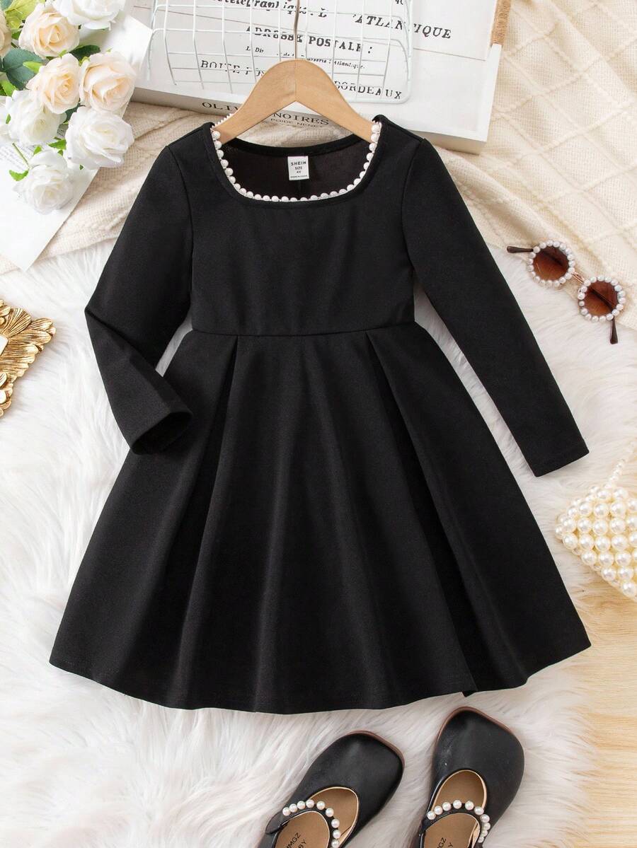 Young Girl Elegant & Cute Black Knit Long Sleeve Dress Fall Winter